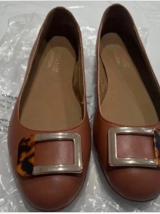 AEROSOLES Tan Leather Flats with Decorative Buckle - Picture 2 of 5